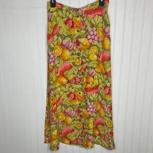 Tropical Fruit Print Silk Maxi Skirt